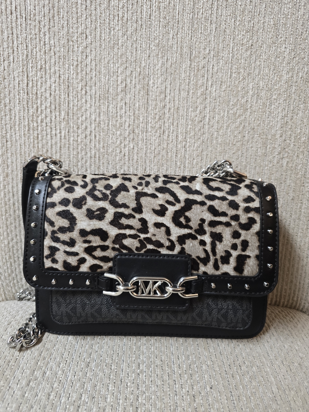 Michael Kors Animal Print Chain Shoulder Bag in Black and Beige